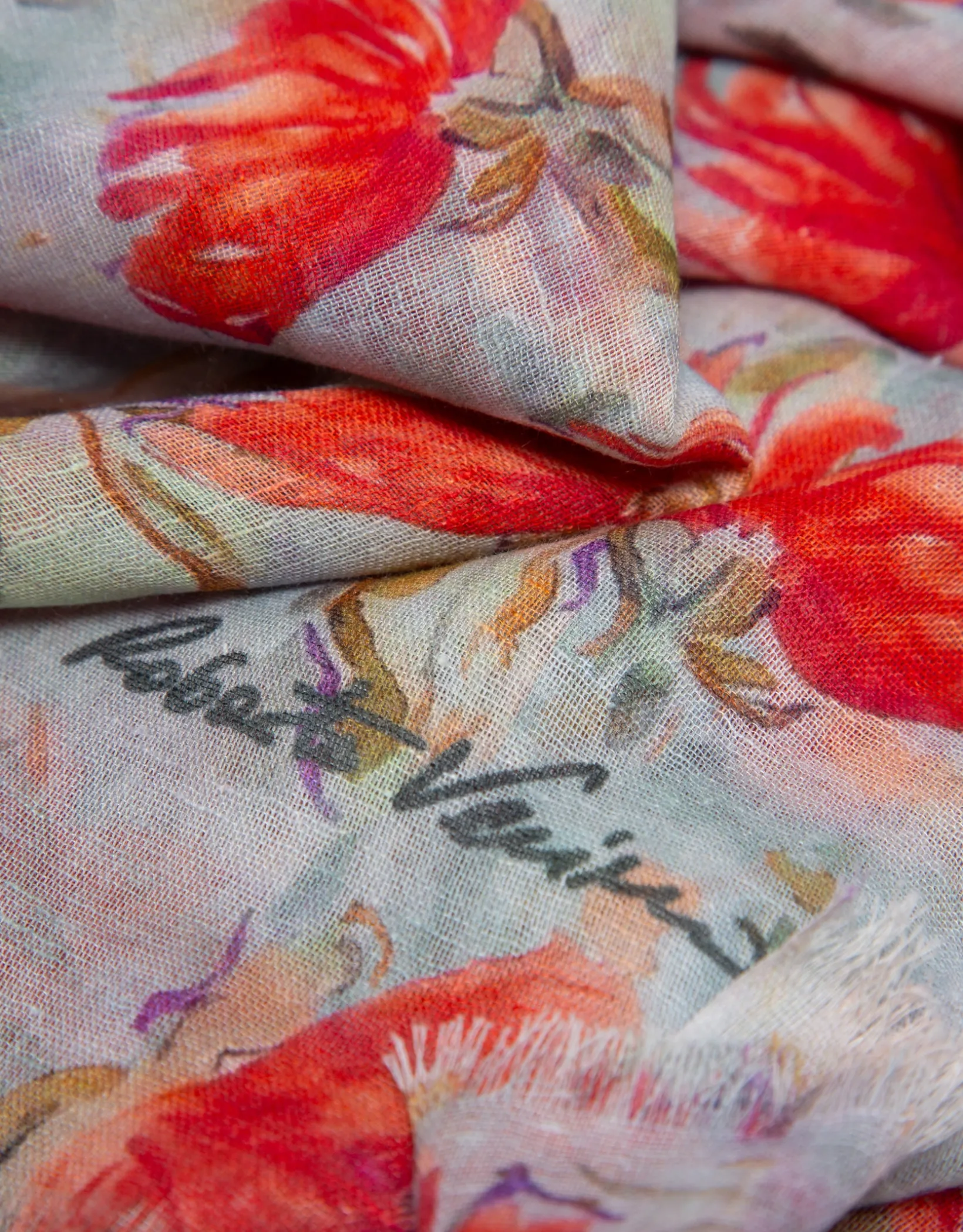 Fular mezcla algodón/lino estampado floral tonos rojos