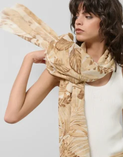 Fular mezcla algodón/lino estampado floral tonos cámel