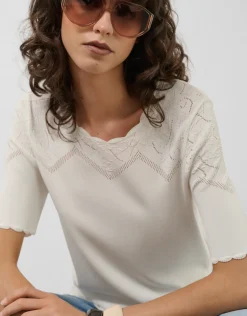Jersey de manga corta punto fino blanco con fantasía calada