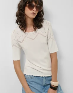 Jersey de manga corta punto fino blanco con fantasía calada
