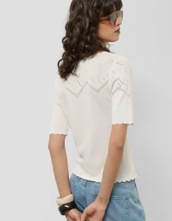 Jersey de manga corta punto fino blanco con fantasía calada