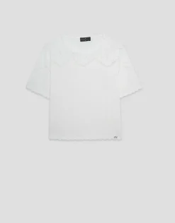 Jersey de manga corta punto fino blanco con fantasía calada