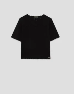 Jersey de manga corta punto fino negro con fantasía calada