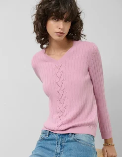Jersey escote pico lana rosa con franja central