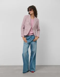 Jersey escote pico lana rosa con franja central