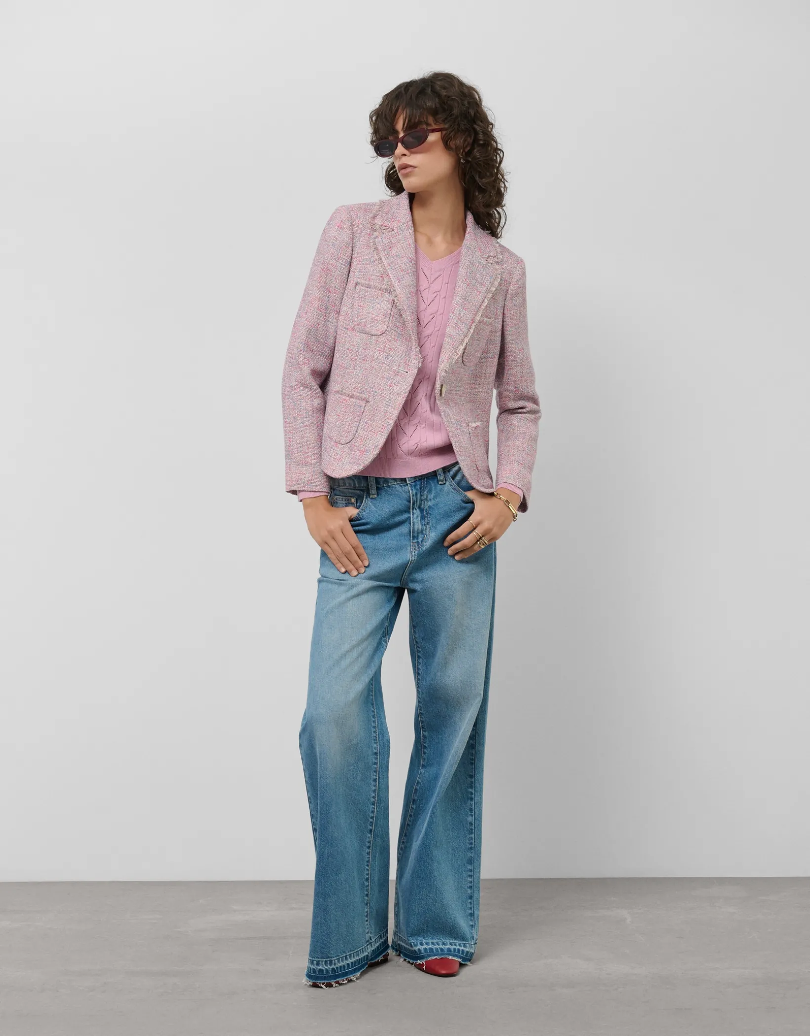 Jersey escote pico lana rosa con franja central
