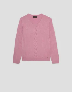 Jersey escote pico lana rosa con franja central