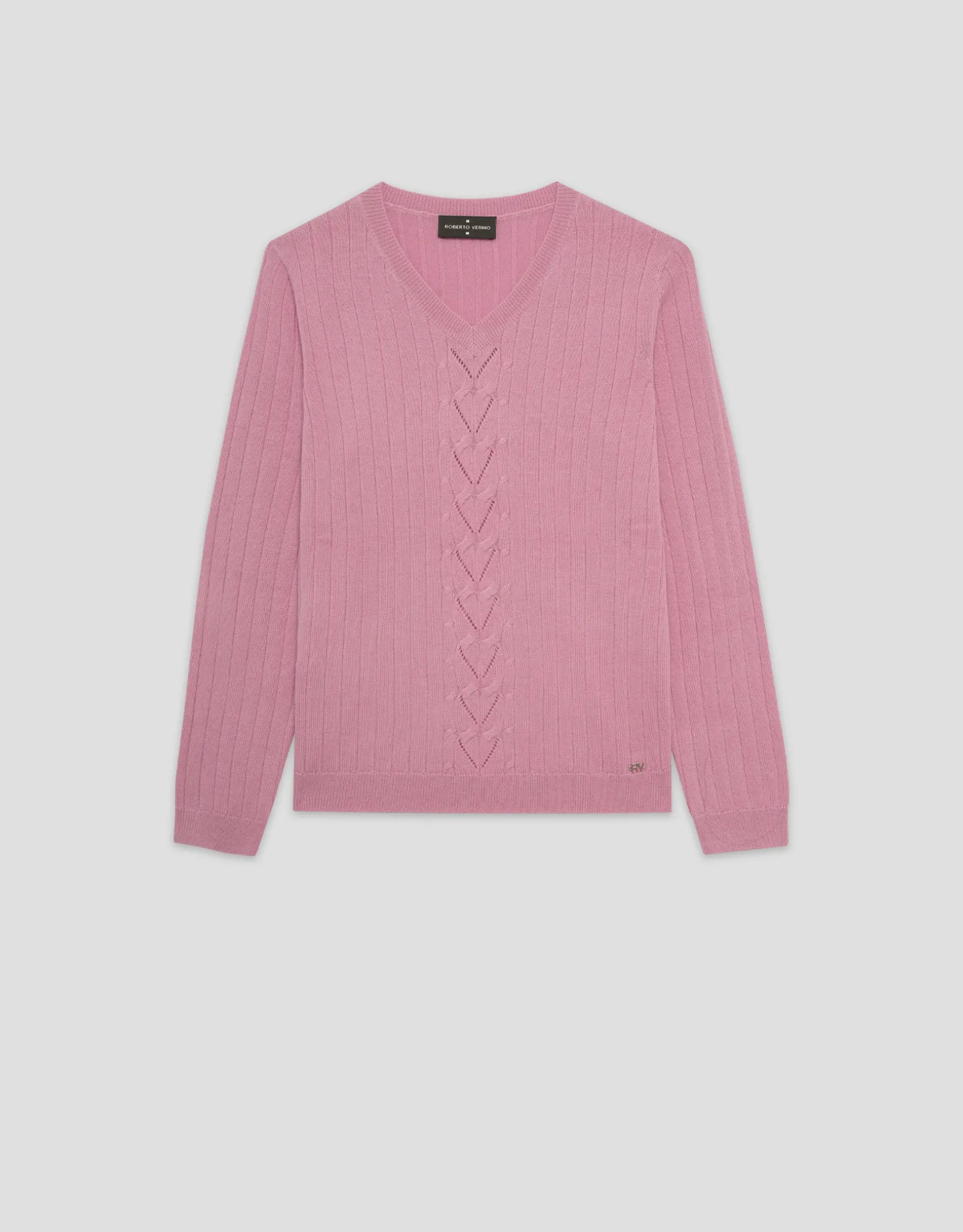 Jersey escote pico lana rosa con franja central