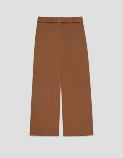Pantalón ancho fluido twill marrón con cinturón