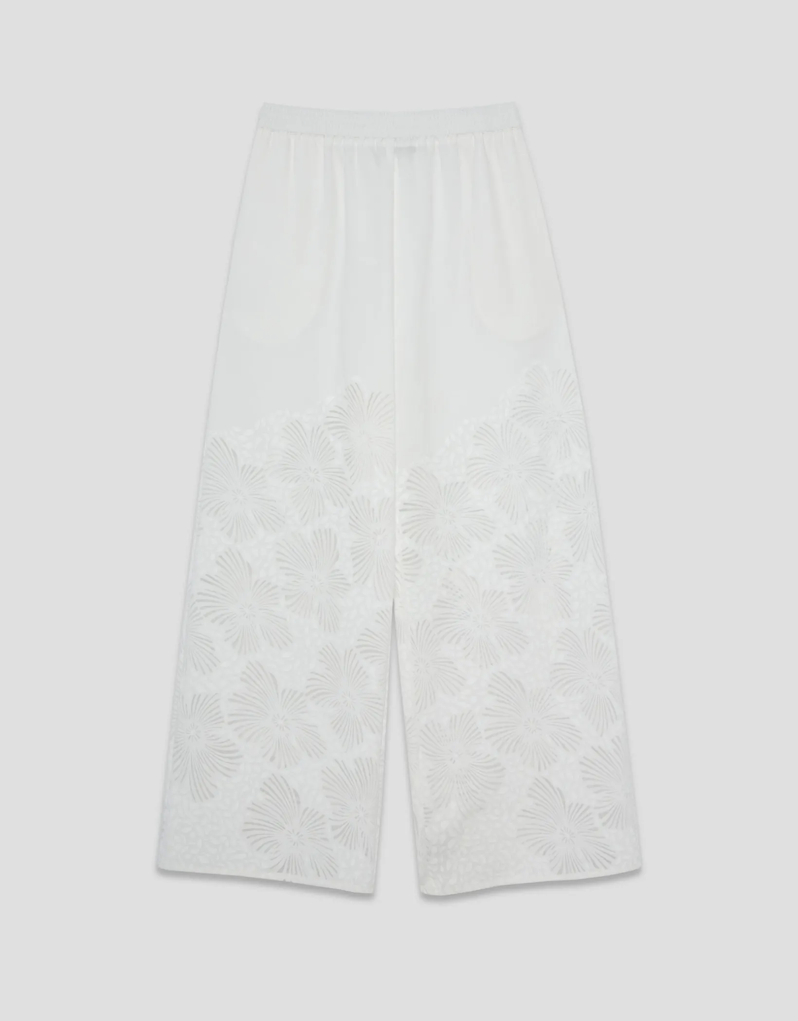 Pantalón palazzo con diseño floral en devoré blanco