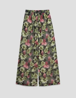 Pantalón palazzo crepe georgette estampado floral verde