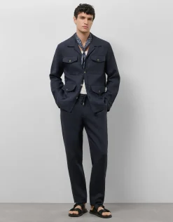 Pantalón pinzas lino azul