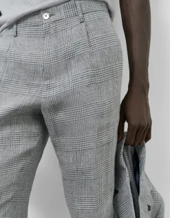 Pantalón pinzas lino cuadros grises y azules