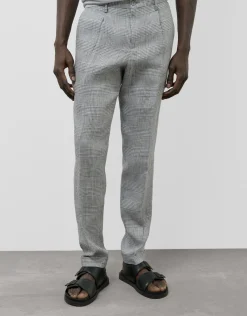 Pantalón pinzas lino cuadros grises y azules