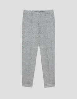Pantalón pinzas lino cuadros grises y azules