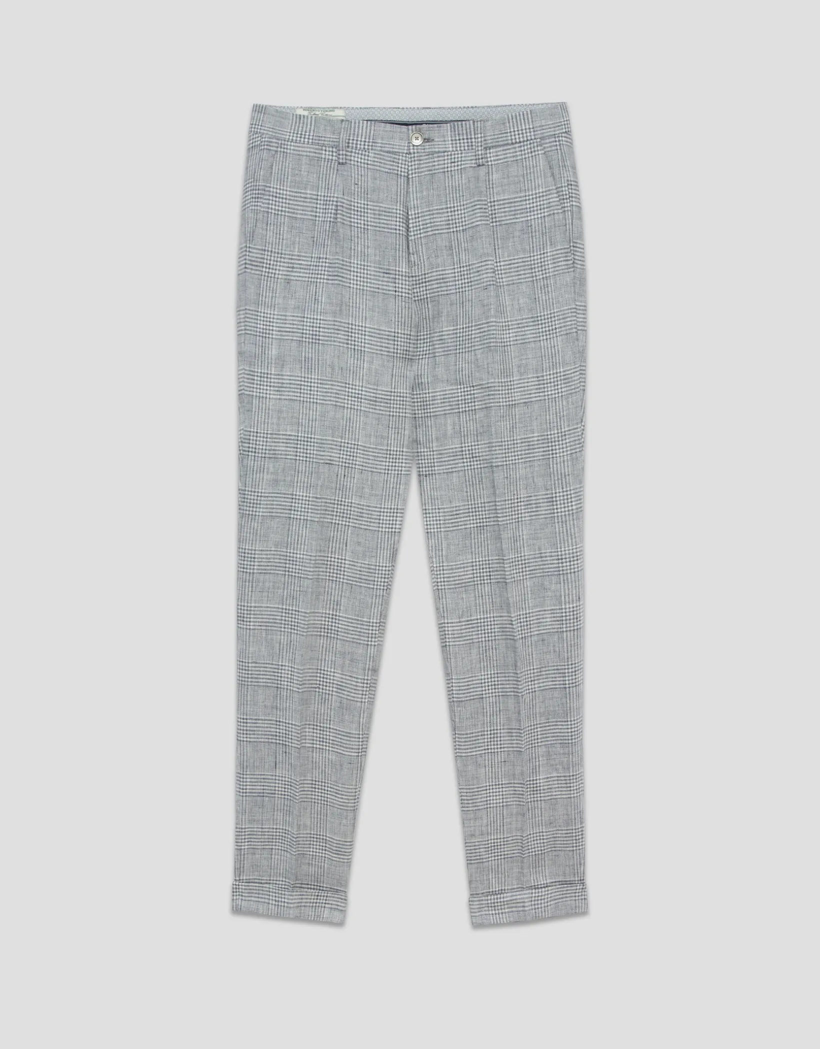 Pantalón pinzas lino cuadros grises y azules