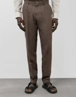 Pantalón pinzas lino tostado oscuro