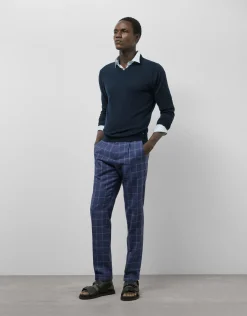 Pantalón pinzas mezcla lana/lino/algodón cuadros azules
