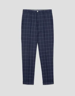 Pantalón pinzas mezcla lana/lino/algodón cuadros azules