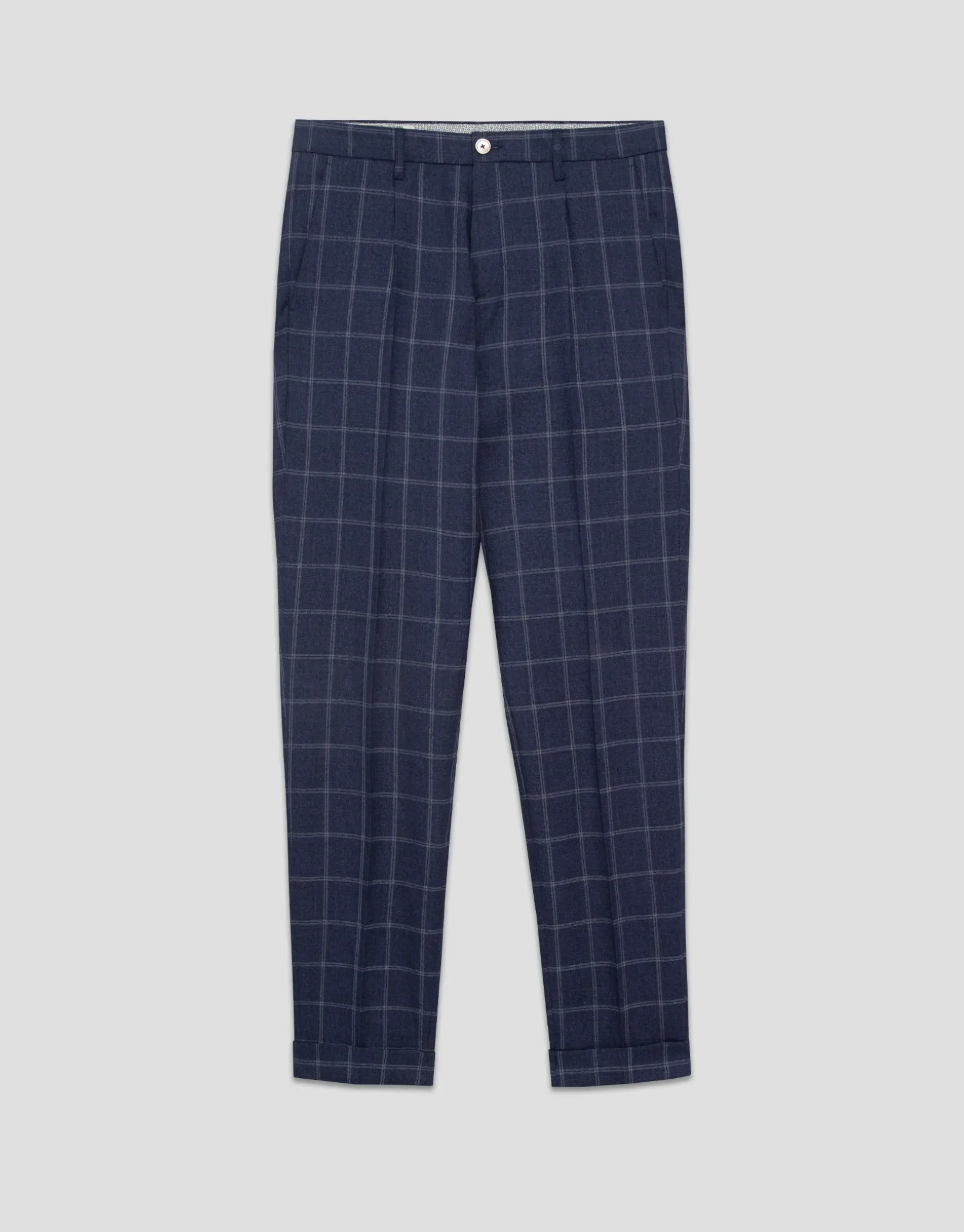 Pantalón pinzas mezcla lana/lino/algodón cuadros azules