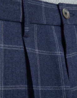 Pantalón pinzas mezcla lana/lino/algodón cuadros azules