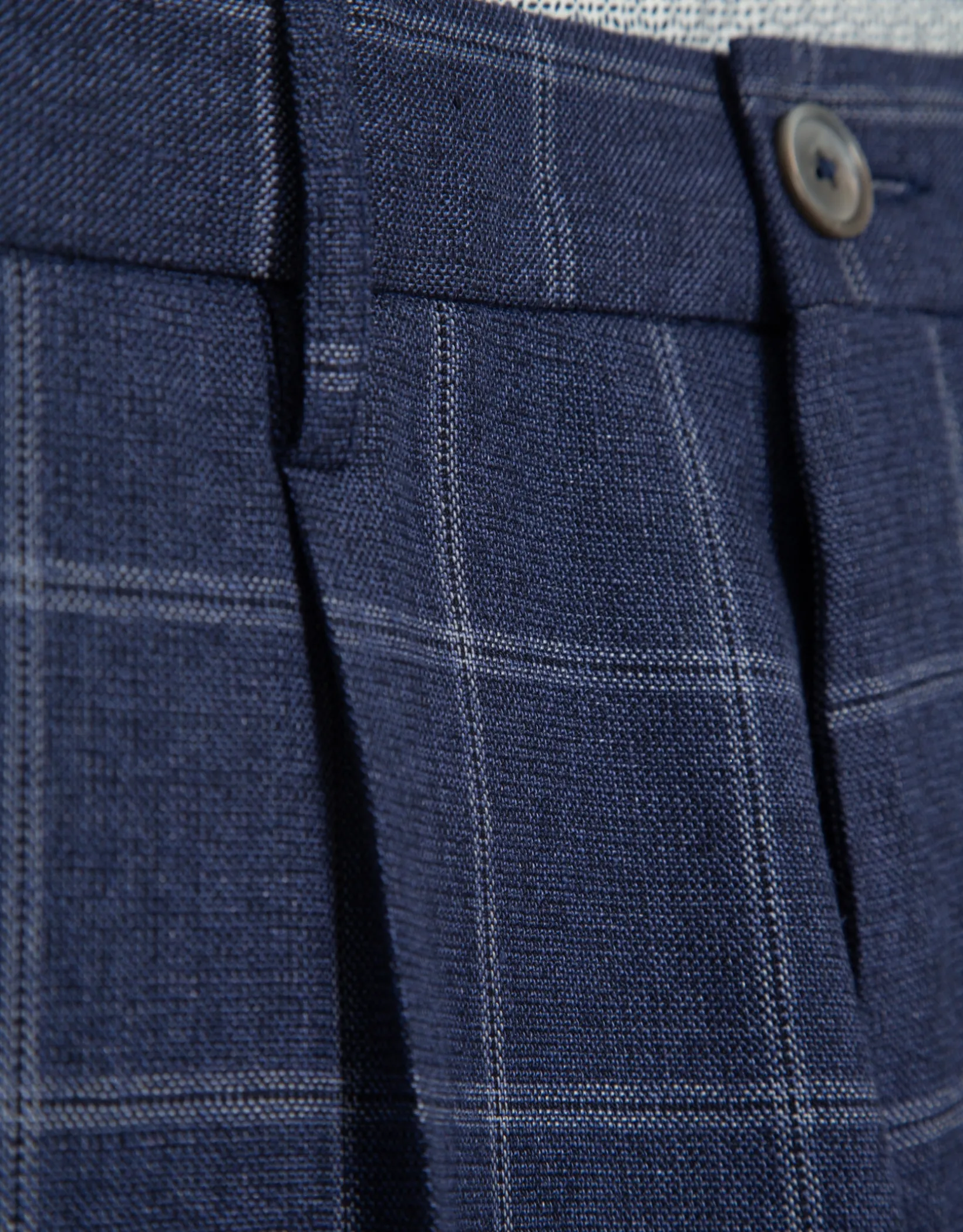 Pantalón pinzas mezcla lana/lino/algodón cuadros azules