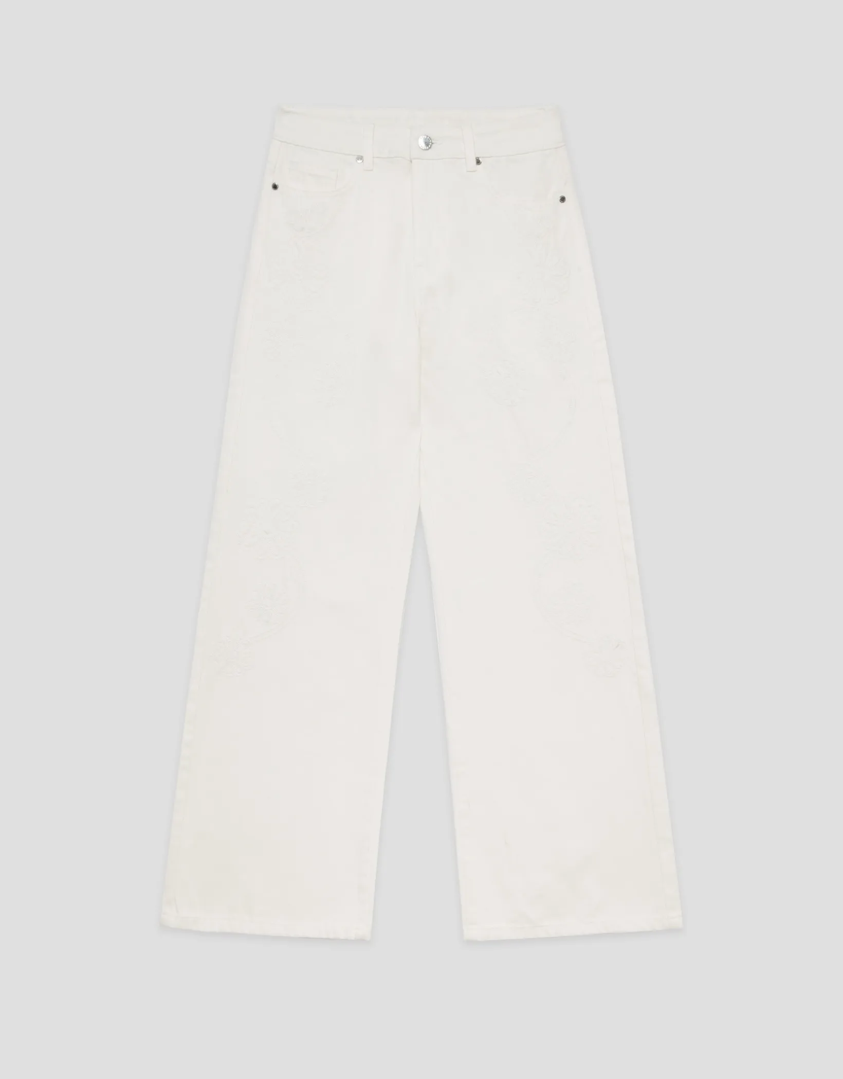Pantalón vaquero ancho beige con bordados florales
