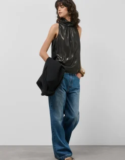 Top cuello halter lamé negro