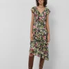 Vestido asimétrico con volantes crepe georgette estampado floral verde