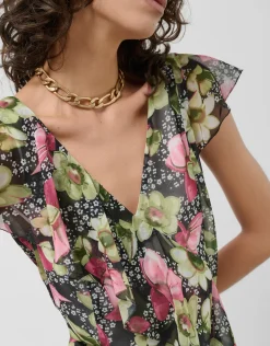 Vestido asimétrico con volantes crepe georgette estampado floral verde