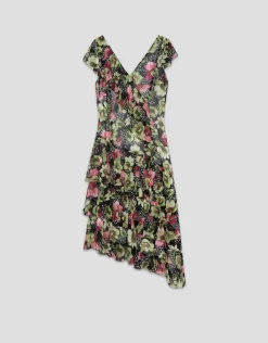 Vestido asimétrico con volantes crepe georgette estampado floral verde