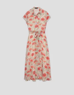 Vestido camisero en gasa estampado vegetal floral tonos coral y rojo
