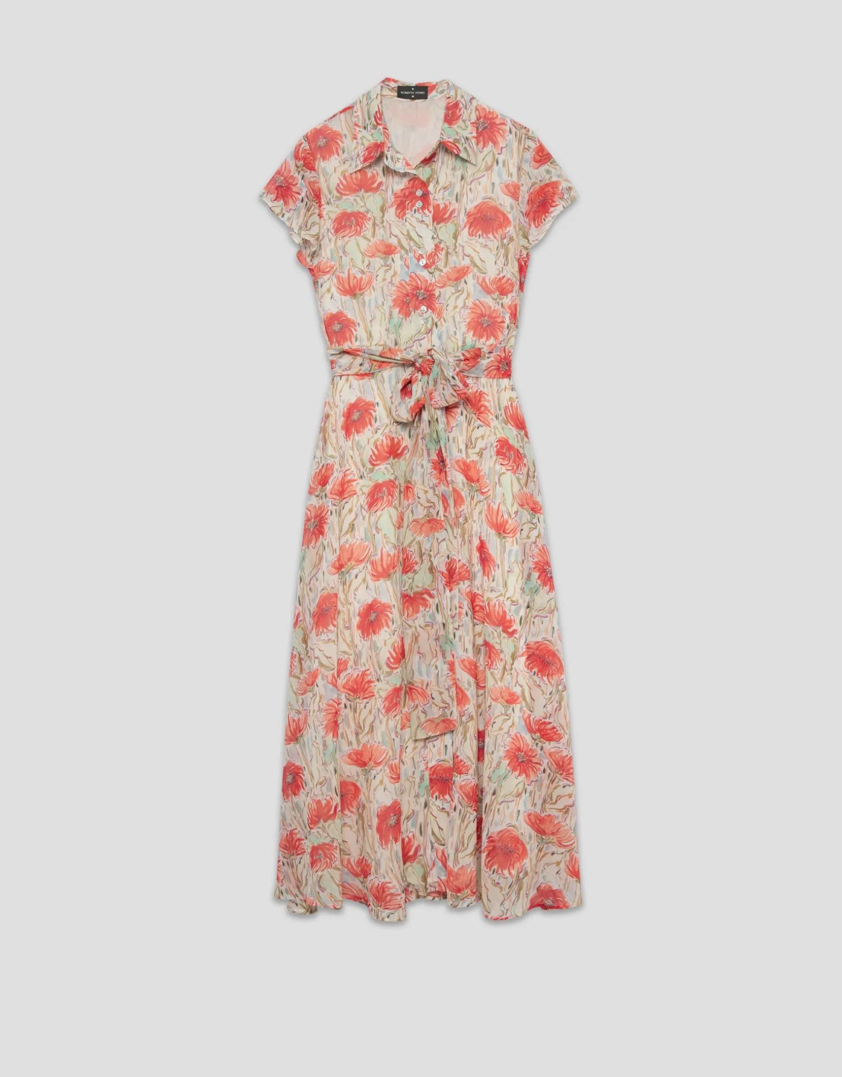 Vestido camisero en gasa estampado vegetal floral tonos coral y rojo