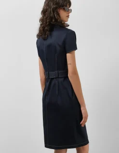 Vestido camisero manga corta azul marino pespuntes beige
