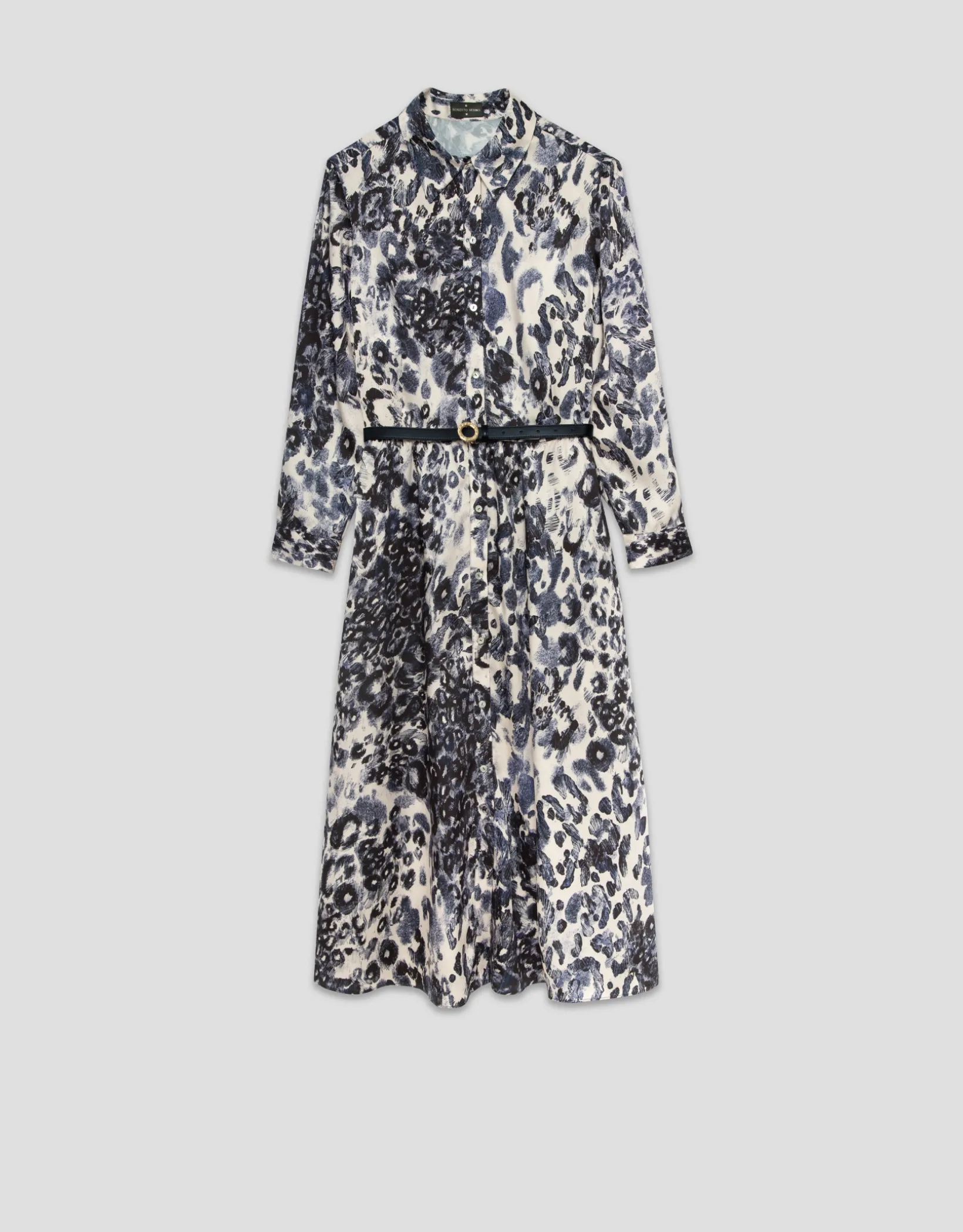 Vestido camisero manga larga animal print azul marino