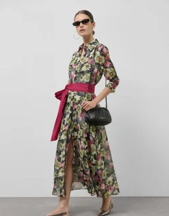 Vestido camisero midi con cinturón crepe georgette estampado floral verde