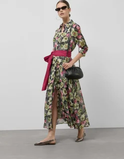 Vestido camisero midi con cinturón crepe georgette estampado floral verde