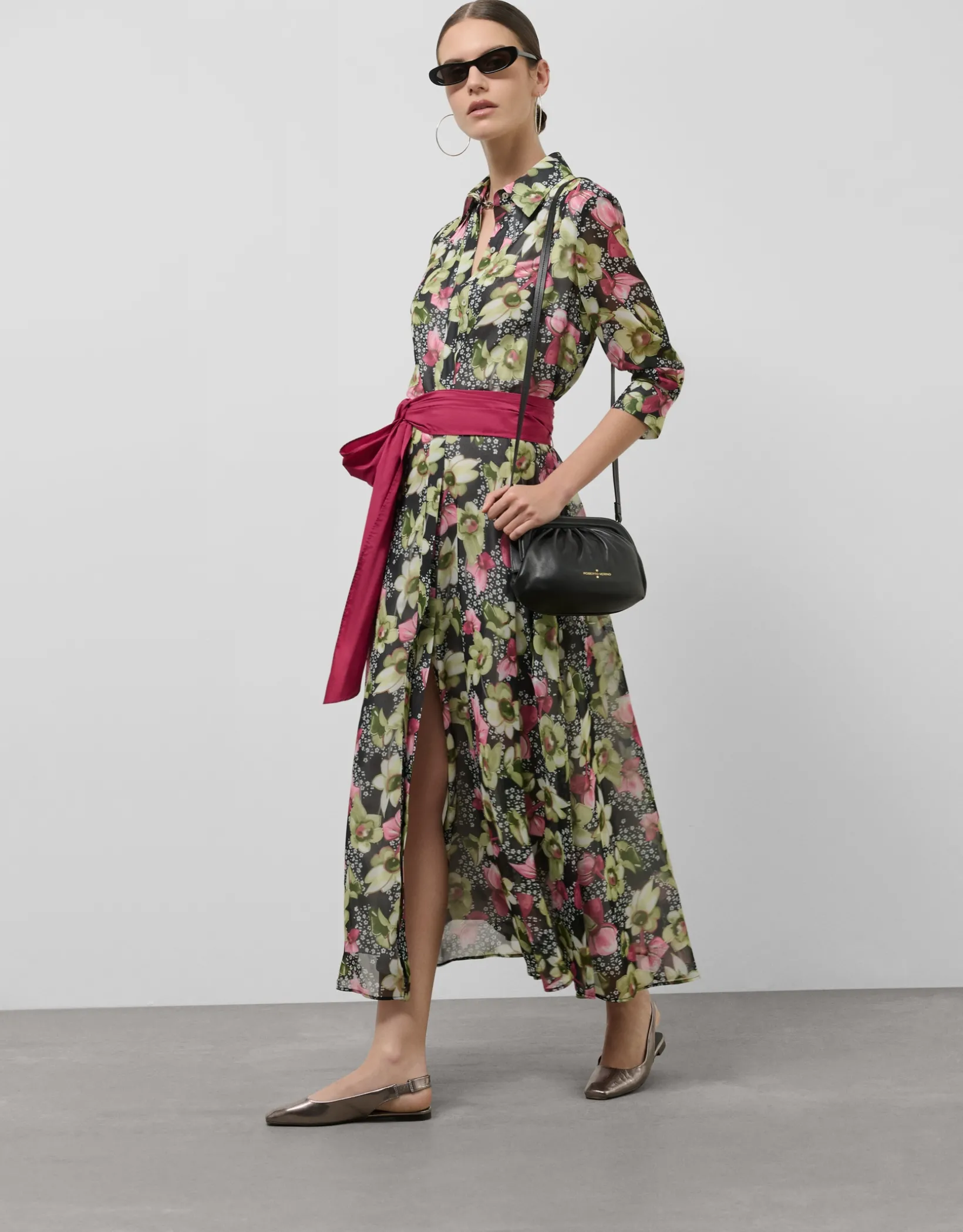 Vestido camisero midi con cinturón crepe georgette estampado floral verde