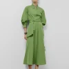 Vestido camisero midi manga larga tafeta verde