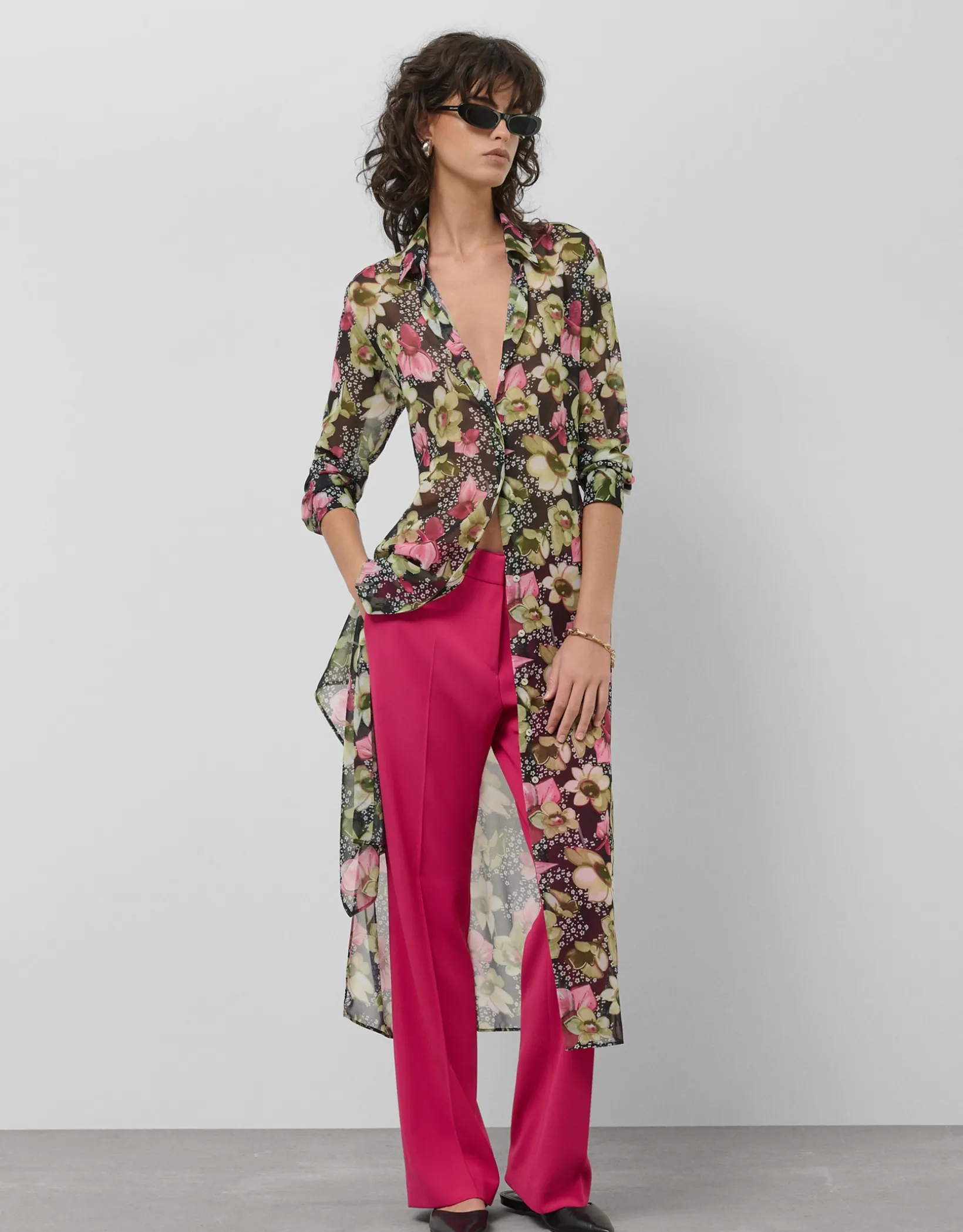Vestido camisero midi manga larga crepe georgette estampado floral verde