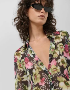 Vestido camisero midi manga larga crepe georgette estampado floral verde