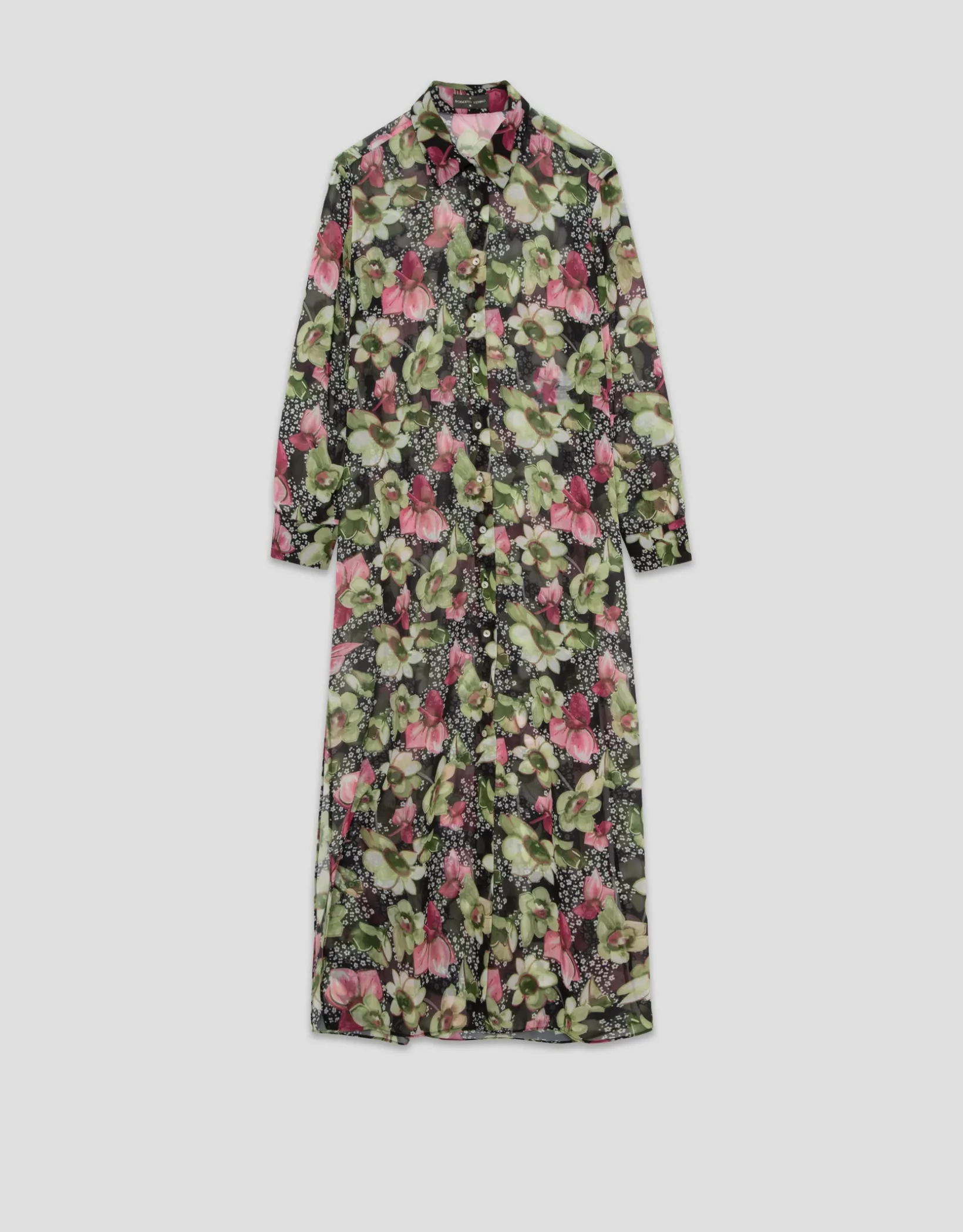 Vestido camisero midi manga larga crepe georgette estampado floral verde