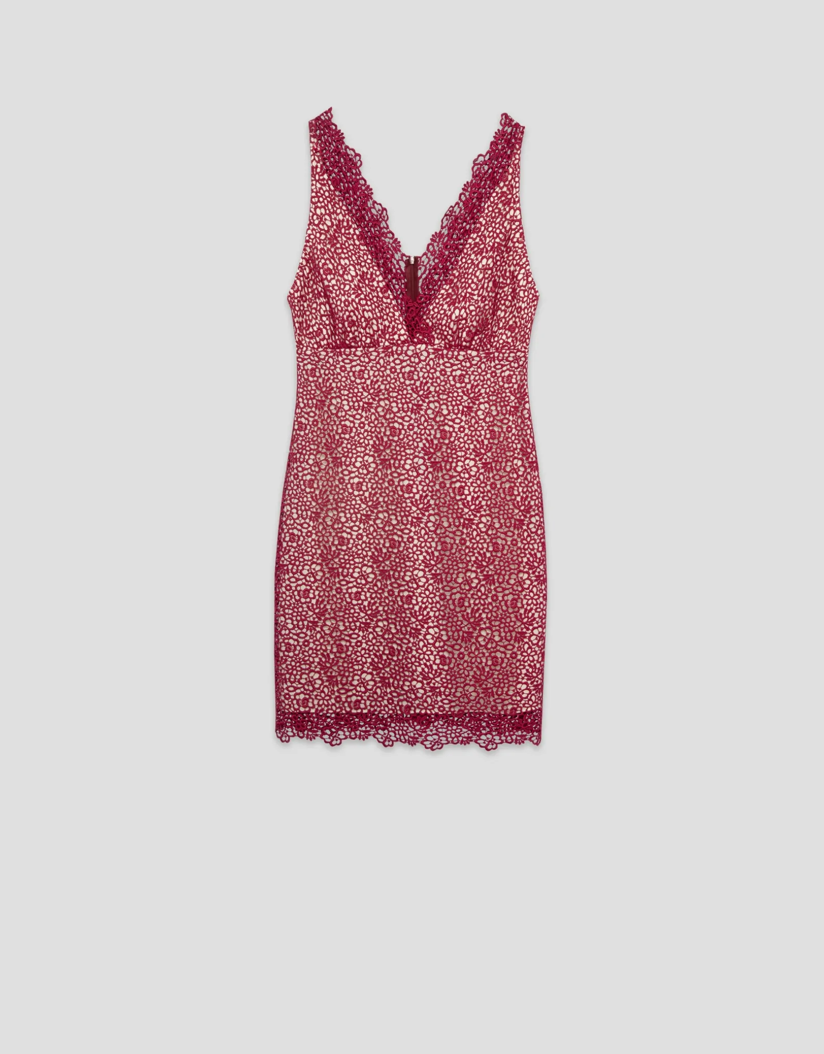 Vestido corto escote pico sin mangas guipur frambuesa