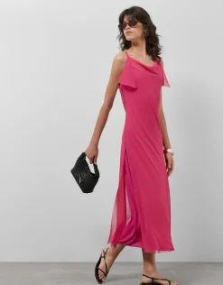 Vestido largo tirantes en crepe frambuesa