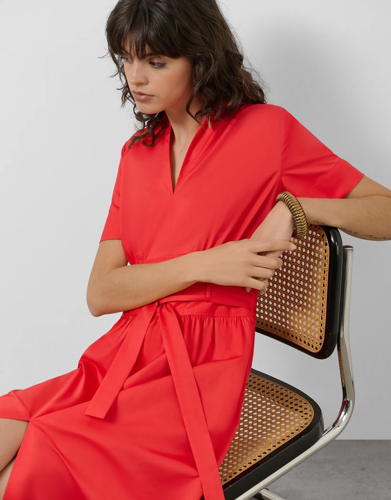 Vestido midi camisero algodón satinado rojo