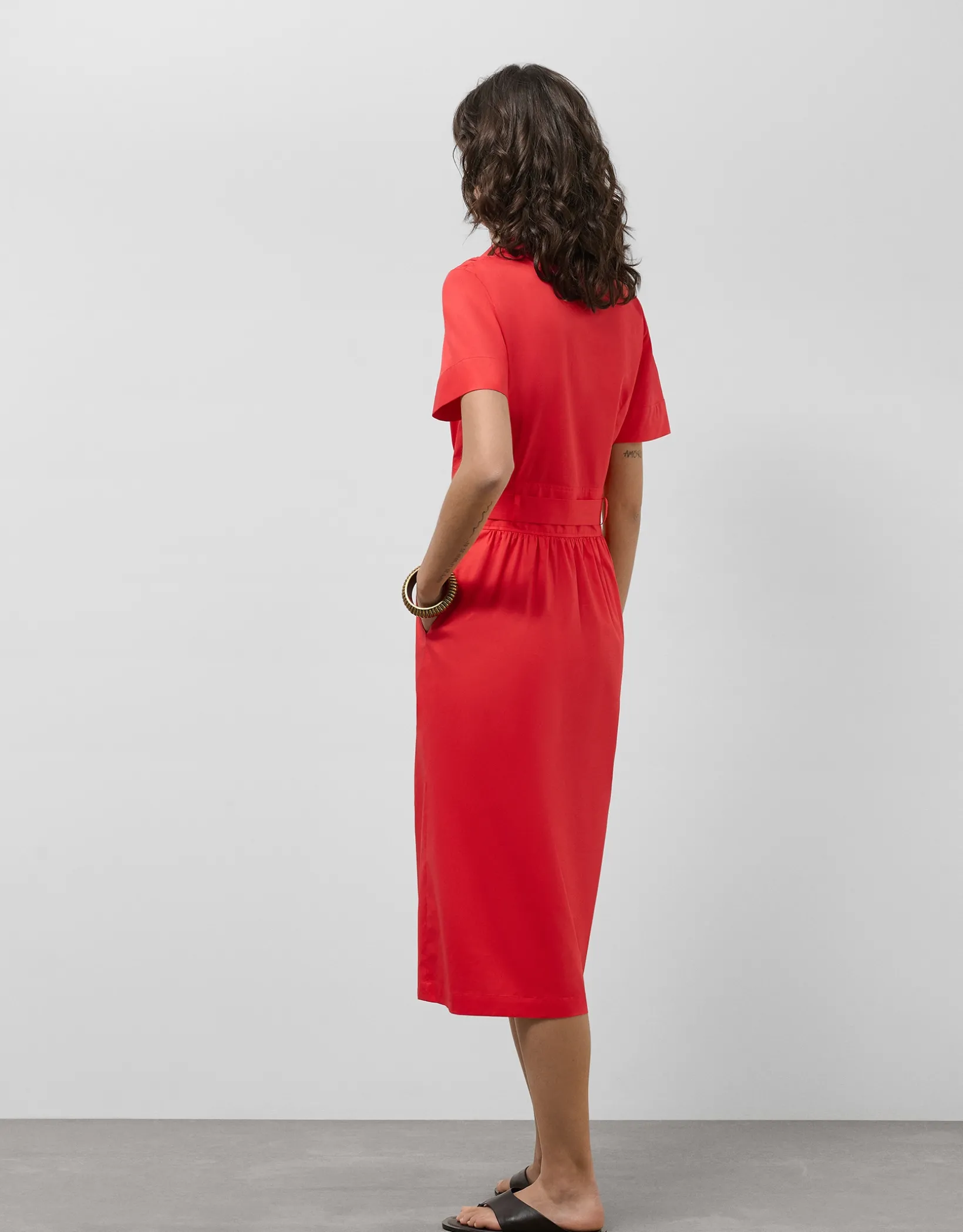 Vestido midi camisero algodón satinado rojo