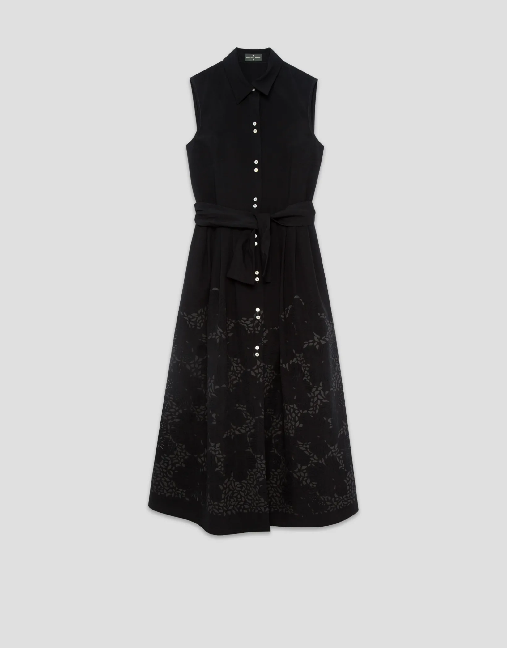 Vestido midi camisero con diseño floral en devoré negro