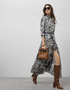 Vestido midi camisero manga larga animal print azul marino