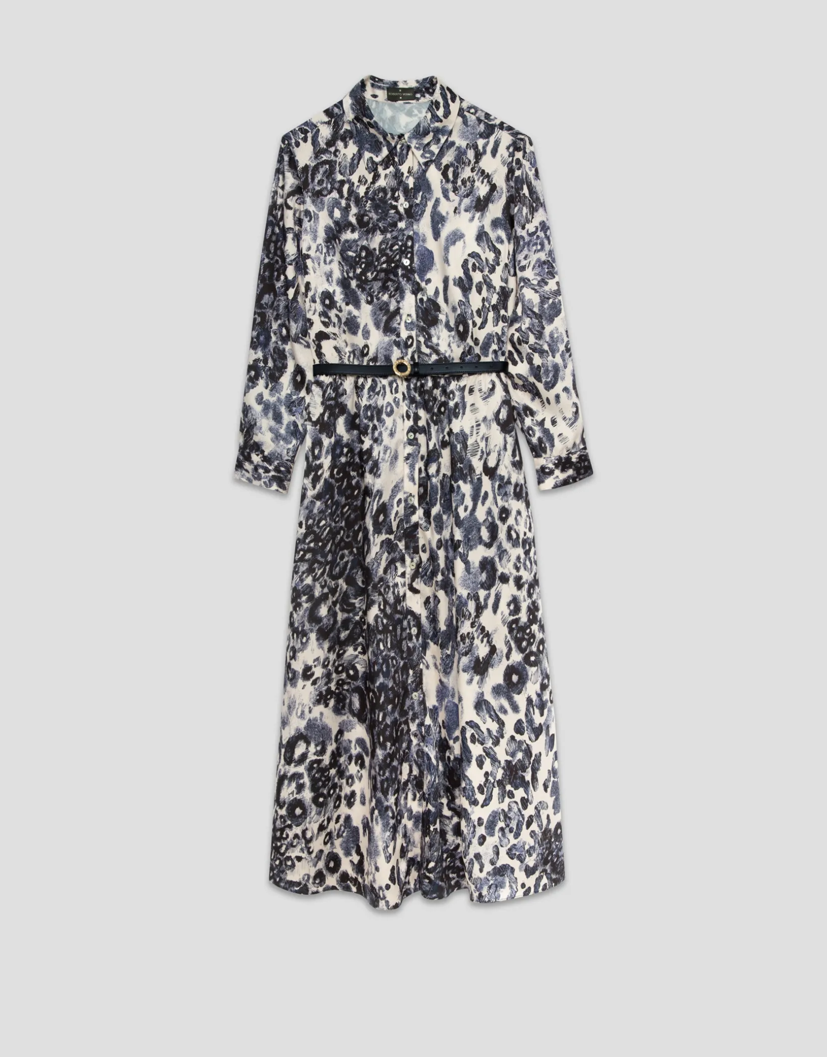 Vestido midi camisero manga larga animal print azul marino
