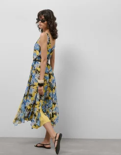 Vestido midi crepe georgette estampado floral azules